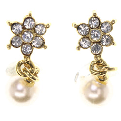 Flower -Dangle-Earrings Crystal Accents Gold-Tone & White