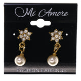 Flower -Dangle-Earrings Crystal Accents Gold-Tone & White