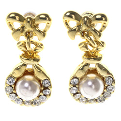 Bow Wreath -Dangle-Earrings Crystal Accents Gold-Tone & White #LQE3534