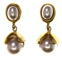 Gold-Tone & White Colored Metal Drop-Dangle-Earrings With Bead Accents #LQE3540