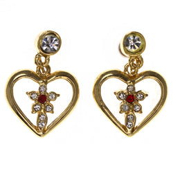 Heart Flower -Dangle-Earrings Crystal Accents Gold-Tone & Red #LQE3541