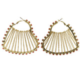 Gold-Tone & Red Colored Metal Hoop-Earrings With Crystal Accents