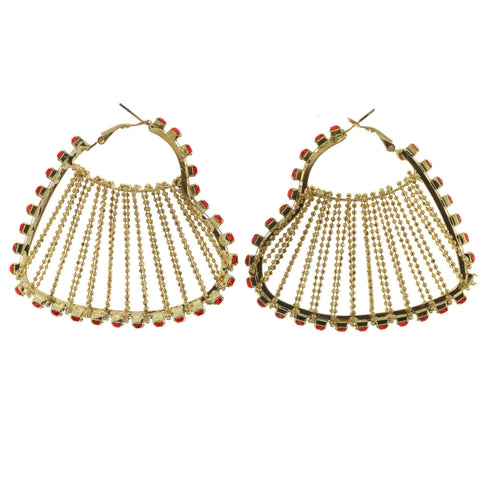 Gold-Tone & Red Colored Metal Hoop-Earrings With Crystal Accents