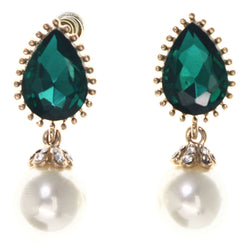 Green & White Colored Metal Drop-Dangle-Earrings With Crystal Accents #LQE3559