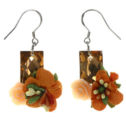 Flower Rose Dangle-Earrings With Bead Accents Orange & Green Colored #LQE3584