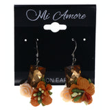 Flower Rose Dangle-Earrings With Bead Accents Orange & Green Colored #LQE3584
