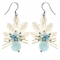 Bow Lace AB Finish Dangle-Earrings Bead Accents White & Blue #LQE3588