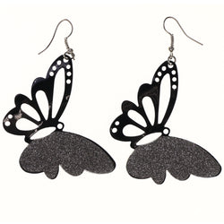 Butterfly Dangle-Earrings Black & Silver-Tone Colored #LQE3589
