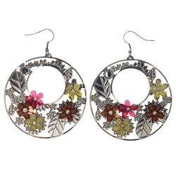 Flower Leaf Dangle-Earrings Bead Accents Silver-Tone & Multi #LQE3623