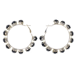 Silver-Tone & Black Colored Metal Hoop-Earrings With Bead Accents #LQE3628