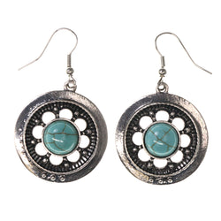 Flower Dangle-Earrings With Stone Accents Silver-Tone & Blue Colored #LQE3637