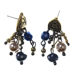 Gold-Tone & Blue Colored Metal Drop-Dangle-Earrings With Bead Accents #LQE3668