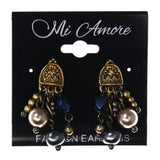 Gold-Tone & Blue Colored Metal Drop-Dangle-Earrings With Bead Accents #LQE3668