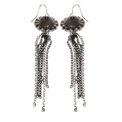 Black & Silver-Tone Colored Metal Dangle-Earrings With Crystal Accents #LQE3691