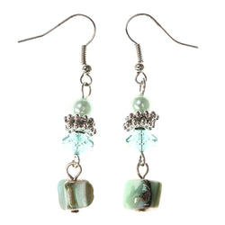 Green & Silver-Tone Colored Metal Dangle-Earrings With Stone Accents #LQE3712