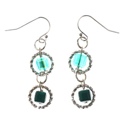 Green & Silver-Tone Colored Metal Dangle-Earrings With Bead Accents #LQE3714