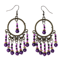 Purple & Gold-Tone Colored Metal Dangle-Earrings With Bead Accents #LQE3738