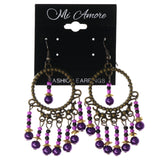 Purple & Gold-Tone Colored Metal Dangle-Earrings With Bead Accents #LQE3738