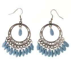Blue & Silver-Tone Colored Metal Dangle-Earrings With Bead Accents #LQE3756