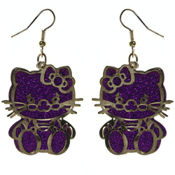 Glitter Cat Bow Dangle-Earrings Purple & Gold-Tone Colored #LQE3768