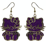 Glitter Cat Bow Dangle-Earrings Purple & Gold-Tone Colored #LQE3768