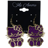 Glitter Cat Bow Dangle-Earrings Purple & Gold-Tone Colored #LQE3768