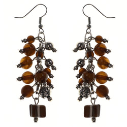 Brown & Silver-Tone Colored Metal Dangle-Earrings With Bead Accents #LQE3769