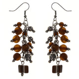 Brown & Silver-Tone Colored Metal Dangle-Earrings With Bead Accents #LQE3769