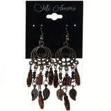 Stone Leaf Dangle-Earrings Bead Accents Silver-Tone & Brown #LQE3770