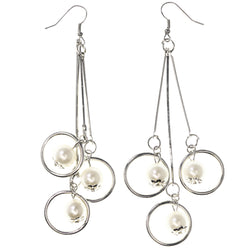 Silver-Tone & White Colored Metal Dangle-Earrings With Bead Accents #LQE3789