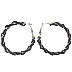 Twist Hoop-Earrings With Bead Accents Silver-Tone & Black Colored #LQE3807