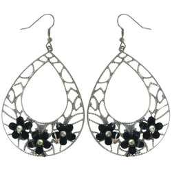 Flower Dangle-Earrings With Bead Accents Silver-Tone & Black Colored #LQE3809