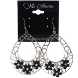 Flower Dangle-Earrings With Bead Accents Silver-Tone & Black Colored #LQE3809