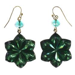 Flower AB Finish Dangle-Earrings Crystal Accents Green & Gold-Tone