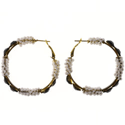 Black & White Colored Metal Hoop-Earrings With Bead Accents #LQE3819
