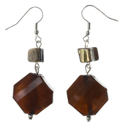 Brown & Silver-Tone Colored Acrylic Dangle-Earrings With Bead Accents #LQE3829
