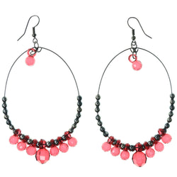 Red & Silver-Tone Colored Metal Dangle-Earrings With Bead Accents #LQE3862