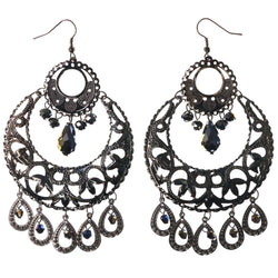 Silver-Tone & Black Colored Metal Dangle-Earrings With Bead Accents #LQE3868