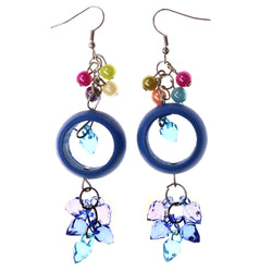 Blue & Multi Colored Wooden Dangle-Earrings With Bead Accents #LQE3870