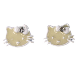 Cat Bow Stud-Earrings With Crystal Accents White & Yellow Colored #LQE3877