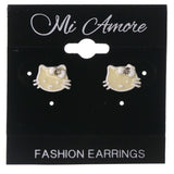 Cat Bow Stud-Earrings With Crystal Accents White & Yellow Colored #LQE3877