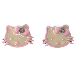 Cat Bow Stud-Earrings With Crystal Accents Pink & White Colored #LQE3878