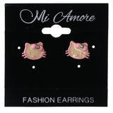 Cat Bow Stud-Earrings With Crystal Accents Pink & White Colored #LQE3878