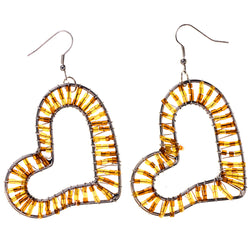 Heart Dangle-Earrings With Bead Accents Yellow & Silver-Tone Colored #LQE3896