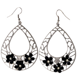 Flower Dangle-Earrings With Crystal Accents Silver-Tone & Black Colored #LQE3916