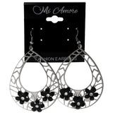 Flower Dangle-Earrings With Crystal Accents Silver-Tone & Black Colored #LQE3916
