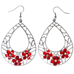 Flower Dangle-Earrings With Crystal Accents Silver-Tone & Red Colored #LQE3917