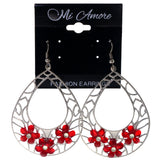 Flower Dangle-Earrings With Crystal Accents Silver-Tone & Red Colored #LQE3917
