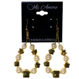 Gold-Tone & White Colored Metal Dangle-Earrings With Bead Accents #LQE3924