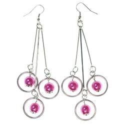 Silver-Tone & Pink Colored Metal Dangle-Earrings With Bead Accents #LQE3968